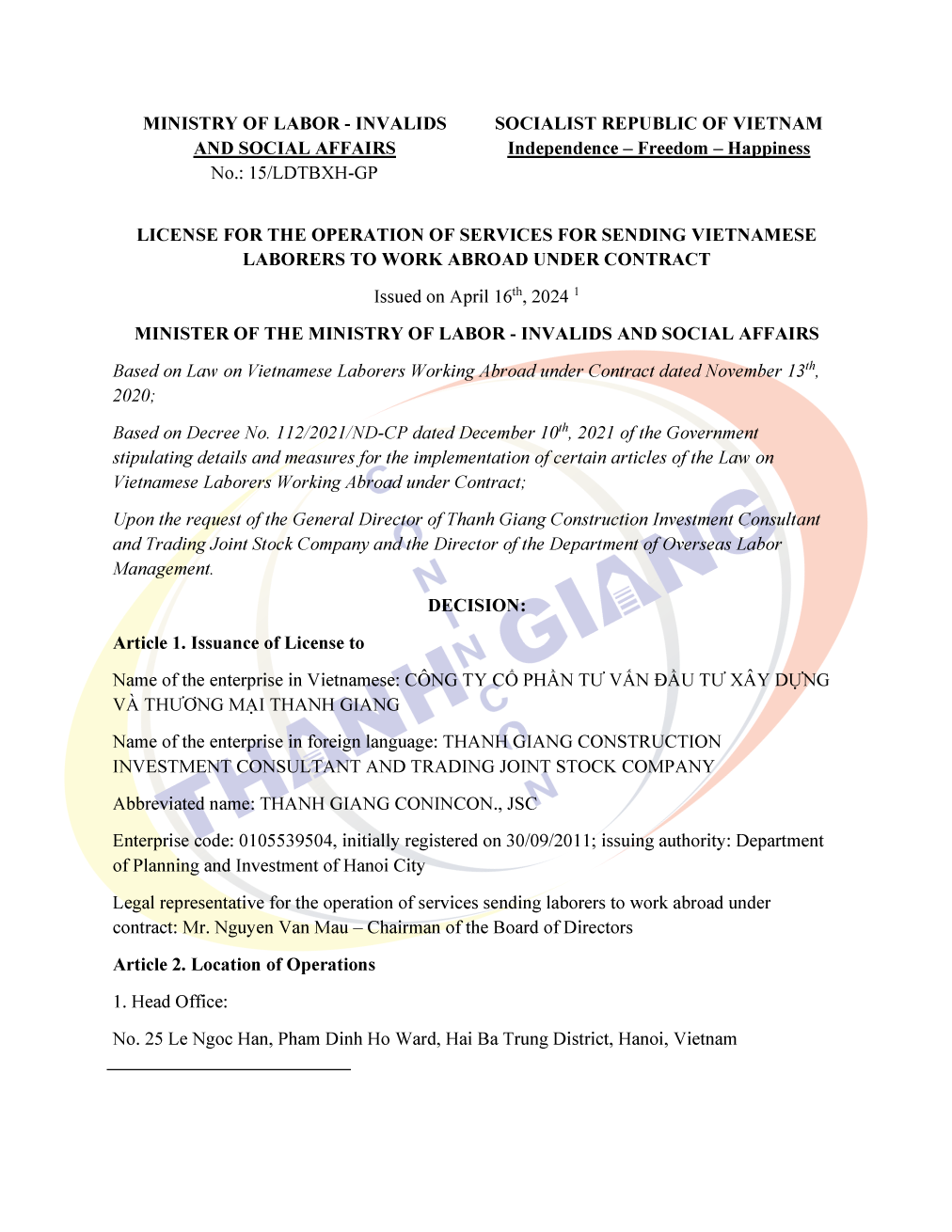Official overseas employment service license page 1